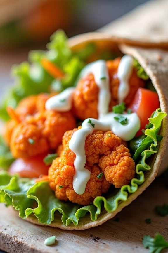 crispy buffalo cauliflower wraps